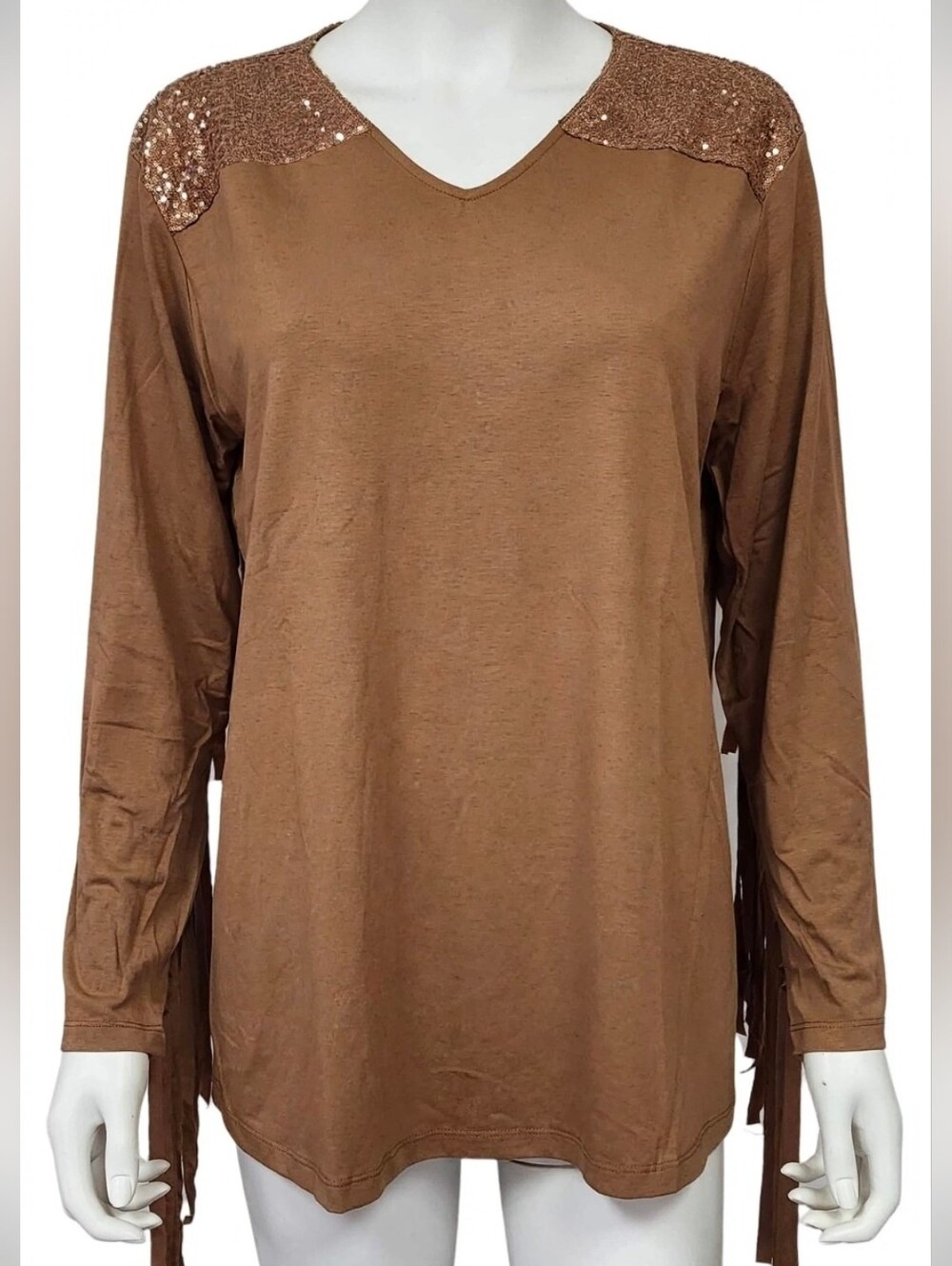 NWT Sunshine & Rodeo XL Taupe Sequin Fringe Western Shirt Boho Country Concert